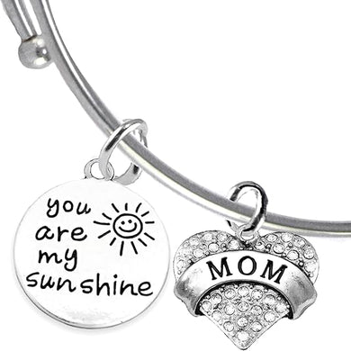 You Are My Sunshine, Mom, Genuine Crystal Heart, Hypoallergenic Adjustable Miracle Wire Bracelet, Safe-Nickel, Lead And Cadmium Free