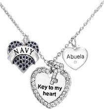 Navy Abuela, Key to My Heart, Crystal Abuela Heart Charm Necklace, Hypoallergenic, Safe-Nickel, Lead, Free