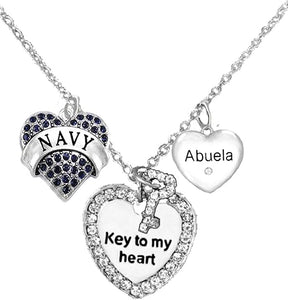 Navy Abuela, Key to My Heart, Crystal Abuela Heart Charm Necklace, Hypoallergenic, Safe-Nickel, Lead, Free