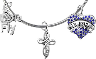 Air Force, I Love to Fly, Genuine Crystal, Beautiful Crystal Cross, Adjustable Miracle Wire Bracelet, Hypoallergenic, Safe-Nickel, Lead Free