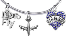 Air Force " I Love To Fly " Genuine Crystal, Licensed Air Force Charm, And Jet Plane, Adjustable, Removable Ball Bracelet, Add Charms Without Tools, Hypoallergenic, Safe-Nickel, Lead, Cadmium Free