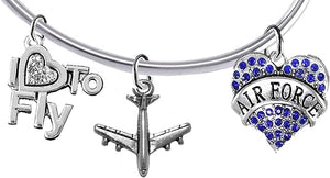 Air Force " I Love To Fly " Genuine Crystal, Licensed Air Force Charm, And Jet Plane, Adjustable, Removable Ball Bracelet, Add Charms Without Tools, Hypoallergenic, Safe-Nickel, Lead, Cadmium Free