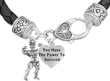 Weightlifters, Front Double Bicep Pose, You Have The Power To Succeed, On A Black Woven Leather Bracelet, Hypoallergenic - Nickel, Lead, And Poisonous Cadmium Free