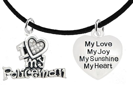 Policeman's, I Love My Policeman, My Love, My Joy, Adjustable Black Suede Bracelet, Hypoallergenic, Safe-Nickel, Lead, Free