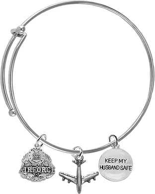 Air Force, Air Force Wife, Jet Airplane Charm, Keep My Husband Safe Adjustable Miracle Wire Bracelet, Hypoallergenic, Safe-No Nickel, No Lead and No Poisonous Cadmium