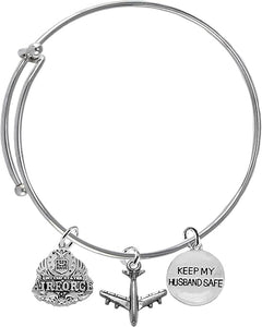 Air Force, Air Force Wife, Jet Airplane Charm, Keep My Husband Safe Adjustable Miracle Wire Bracelet, Hypoallergenic, Safe-No Nickel, No Lead and No Poisonous Cadmium