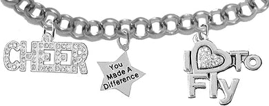 Cheer, You Made A Difference, I Love to Fly, Adjustable, Hypoallergenic Genuine Crystal Charm Bracelet, Nickel, Lead, and Cadmium Free
