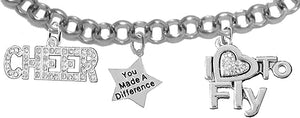 Cheer, You Made A Difference, I Love to Fly, Adjustable, Hypoallergenic Genuine Crystal Charm Bracelet, Nickel, Lead, and Cadmium Free
