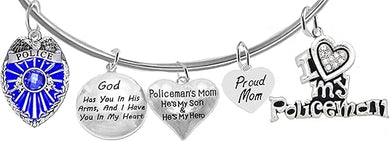 Policeman's Mom, God Has You in His Arms, and I Have You in My Heart, He's My Son, He's My Hero, Proud Mom, Adjustable Wire Bracelet, Hypoallergenic, Safe-No Nickel or Lead