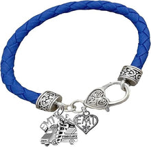 EMT Ambulance, I Love My EMT Heart, On A Blue Leather Hypoallergenic Bracelet, Nickel, Lead, And Poisonous Cadmium Free