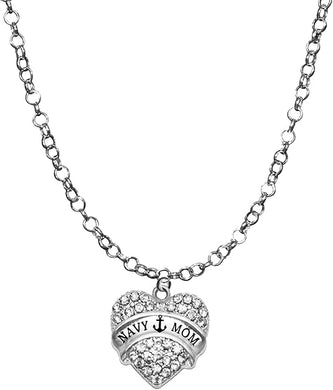 Navy Mom, Adjustable 14-21 Inch Rolo Chain Crystal Heart Necklace, Nickel, Lead, And Cadmium Free-Hypoallergenic