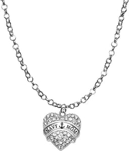 Navy Mom, Adjustable 14-21 Inch Rolo Chain Crystal Heart Necklace, Nickel, Lead, And Cadmium Free-Hypoallergenic