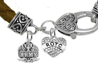 ROTC, Army Seal, Genuine Army Brown Leather Bracelet, Hypoallergenic Safe-Nickel, Lead And Cadmium Free
