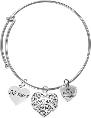Quinceañera, Blessed, Familia, Fe, Amigos, On A Adjustable Miracle Wire Bracelet, Hypoallergenic, Safe-No Nickel, No Lead And No Poisonous Cadmium In Metal