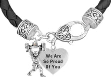 Weightlifters Barbell Lunge Pose, We Are So Proud Of You Heart, On A Black Woven Leather Bracelet, Hypoallergenic - Nickel, Lead, And Poisonous Cadmium Free