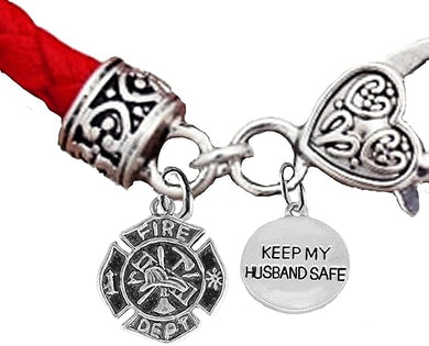 Firefighter, Fire Department, Keep My Husband Safe,On A Red Woven Leather Hypoallergenic Bracelet, Nickel, Lead, And Poisonous Cadmium Free