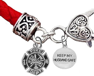 Firefighter, Fire Department, Keep My Husband Safe,On A Red Woven Leather Hypoallergenic Bracelet, Nickel, Lead, And Poisonous Cadmium Free