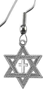 Messianic Christian Jewish Antique Silvertone Star Of David, Polished Cross On A Fishook Wire Earring, Hypoallergenic-Safe, No Nickel, Lead, Or Cadmium In The Metal