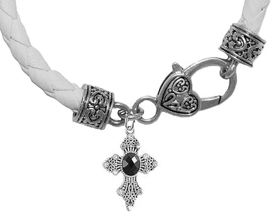 Black Genuine Crystal Cross, On A Genuine White Leather Bracelet, Hypoallergenic, Safe-No Nickel, Lead, Or Poisonous Cadmium in Bracelet