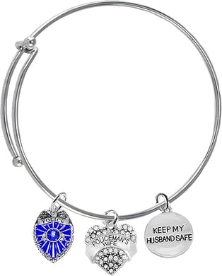 Police Badge, Policemen's Wife, Keep My Husband Safe, Adjustable, Miracle Wire Bracelet, Hypoallergenic Safe-Nickel, Lead And Cadmium Free