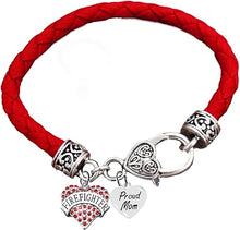 Firefighter Heart, Proud Mom Heart, On A Genuine Red Woven Leather Hypoallergenic Bracelet, Nickel, Lead, And Poisonous Cadmium Free