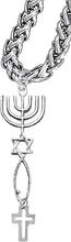 Contemporary Cross, Suspended from Messianic Seal of Jerusalem with Menorah, Star of David, Christian Fish On A Adjustable, Hypoallergenic, Safe-Nickel, Lead, Cadmium Free