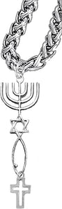 Contemporary Cross, Suspended from Messianic Seal of Jerusalem with Menorah, Star of David, Christian Fish On A Adjustable, Hypoallergenic, Safe-Nickel, Lead, Cadmium Free