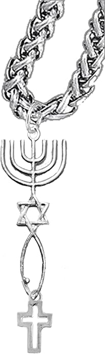 Contemporary Cross, Suspended from Messianic Seal of Jerusalem with Menorah, Star of David, Christian Fish On A Adjustable, Hypoallergenic, Safe-Nickel, Lead, Cadmium Free
