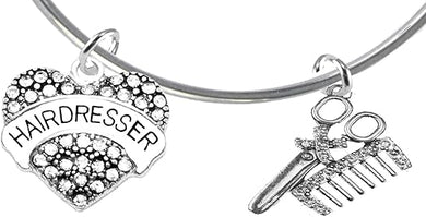 Hair Dresser Crystal Heart, Comb & Scissors Bracelet, Hypoallergenic Safe-Nickel Free, No Poisonous Lead, or Cadmium