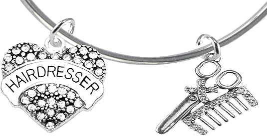 Hair Dresser Crystal Heart, Comb & Scissors Bracelet, Hypoallergenic Safe-Nickel Free, No Poisonous Lead, or Cadmium