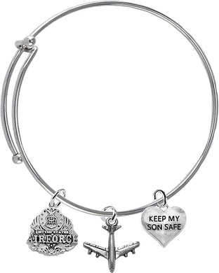 Air Force, Air Force Mom, Jet Airplane Charm, Keep My Son Safe, Adjustable Miracle Wire Bracelet, Hypoallergenic, Safe-No Nickel, No Lead and No Poisonous Cadmium