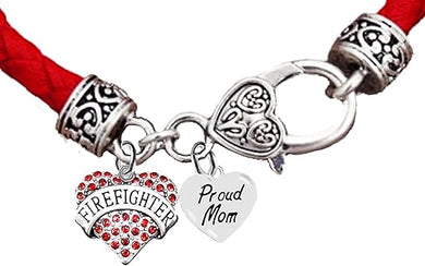 Firefighter Heart, Proud Mom Heart, On A Genuine Red Woven Leather Hypoallergenic Bracelet, Nickel, Lead, And Poisonous Cadmium Free