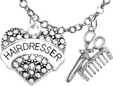 Hair Dresser Crystal Heart, Comb & Scissors Necklace, Hypoallergenic Safe-Nickel Free, No Poisonous Lead, or Cadmium