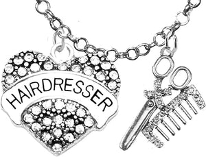 Hair Dresser Crystal Heart, Comb & Scissors Necklace, Hypoallergenic Safe-Nickel Free, No Poisonous Lead, or Cadmium