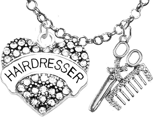 Hair Dresser Crystal Heart, Comb & Scissors Necklace, Hypoallergenic Safe-Nickel Free, No Poisonous Lead, or Cadmium
