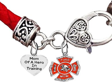 Firefighter, Mom Of A Hero In Training, Fire Department Charm, On A Antique Genuine Red Leather Bracelet, Hypoallergenic Safe-Nickel, Lead And Cadmium Free