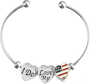 I Do Love My Country, The USA, My Flag, Hearts, Adjustable Flexible, Charm Bracelet, On A Screw Ball End Bracelet, Add Or Remove Charms Without Tools.Hypoallergenic-Safe. No Nickel, Lead, Or Poisonous Cadmium
