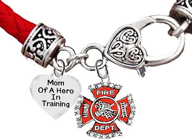 Firefighter, Mom Of A Hero In Training, Fire Department Charm, On Genuine Red Leather Bracelet, Hypoallergenic Safe-Nickel, Lead And Cadmium Free
