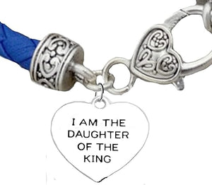 I Am The Daugther Of The King Heart Genuine Blue Leather Bracelet, Safe-Nickel, Lead & Cadmium Free!