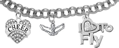 Cheer Heart, Genuine Crystal, Cheerleader, I Love To Fly, Adjustable, Hypoallergenic Genuine Crystal Charm Bracelet, Nickel, Lead, And Cadmium Free
