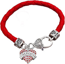 Firefighter Heart, On A Genuine Red Woven Leather Hypoallergenic Bracelet, Nickel, Lead, And Poisonous Cadmium Free