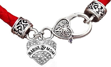 Marine Mom Vintage Antique Silver Clasp/Genuine Red Leather Bracelet, Hypoallergenic, Safe-No Nickel, No Lead and No Poisonous Cadmium