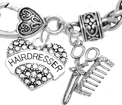 Hair Dresser Crystal Heart, Comb & Scissors Bracelet, Hypoallergenic Safe-Nickel Free, No Poisonous Lead, or Cadmium