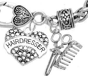 Hair Dresser Crystal Heart, Comb & Scissors Bracelet, Hypoallergenic Safe-Nickel Free, No Poisonous Lead, or Cadmium