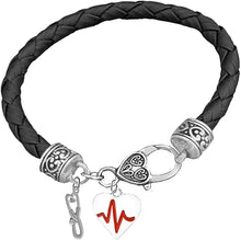 Paramedic Stethescope And Beating Heart Symbol Charm, On A Black Leather Hypoallergenic Bracelet, Nickel, Lead, And Poisonous Cadmium Free