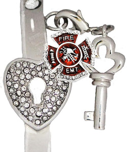 Firefighter's/EMT, The Key to My Heart Cuff Crystal Bracelet, It Really Locks! Hypoallergenic, Safe-Nickel, Lead, Free