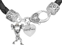 Weightlifters Barbell Lunge Pose, Super Hero Lightning Heart, On A Black Woven Leather Bracelet, Hypoallergenic - Nickel, Lead, And Poisonous Cadmium Free