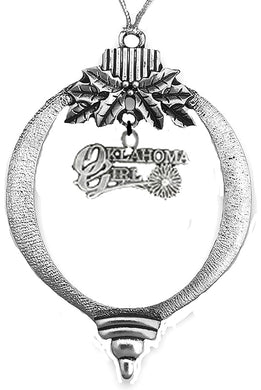 Oklahoma Girl On A Silvertone Christmas Ornament, With Tree Hanger. What A Wonderful Gift For Yourself Or Someone Special, Comes In A Black Velvet Bag, Made In The USA By Veterans