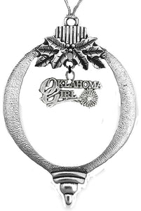 Oklahoma Girl On A Silvertone Christmas Ornament, With Tree Hanger. What A Wonderful Gift For Yourself Or Someone Special, Comes In A Black Velvet Bag, Made In The USA By Veterans