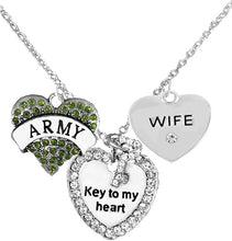 Army Wife Genuine Crystal, Key to My Heart & Olivine Green Army Heart, Adjustable Hypoallergenic, Safe-Nickel, Lead, Cadmium Free